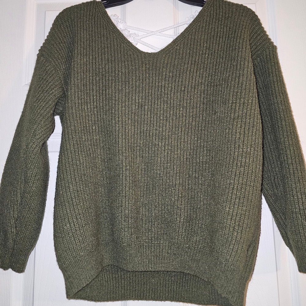 SHEIN Olive Green Sweater with White Lace Detail
